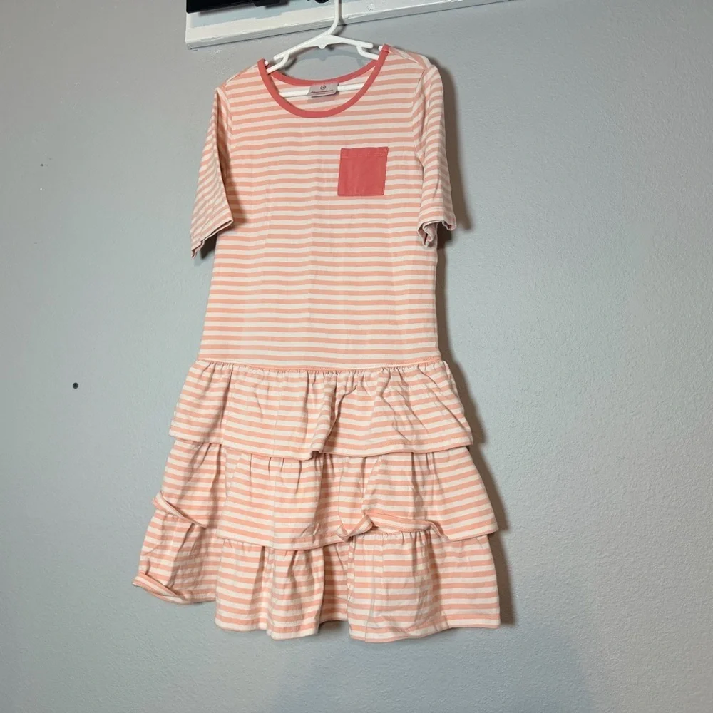 Hanna Andersson Girls Tiered Dress Size 140 or 10 Pink White Striped Ruffles